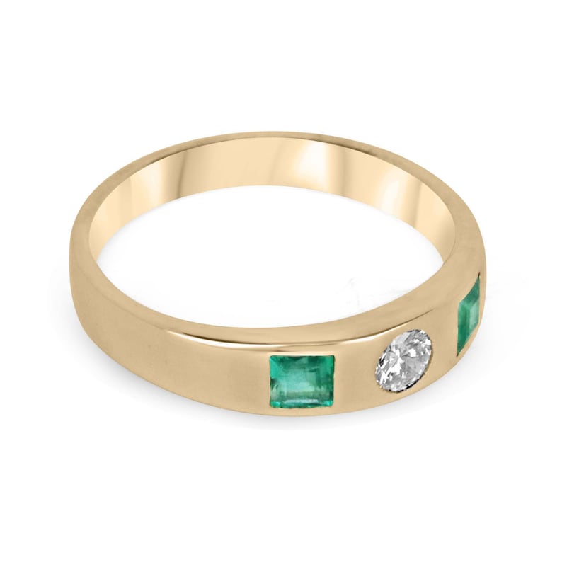 Three-Stone Band Ring Featuring Princess and Round Cut Diamonds and a Vivid Green Emerald in 14K Gold