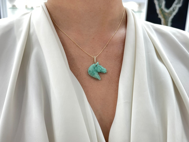 13.57ct 14K Gold Natural Emerald Rough Hand Carved Horse Side Profile Necklace