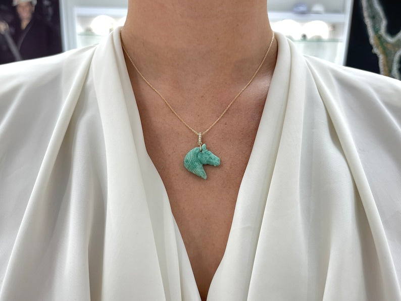13.57ct 14K Gold Natural Emerald Rough Hand Carved Horse Side Profile Necklace