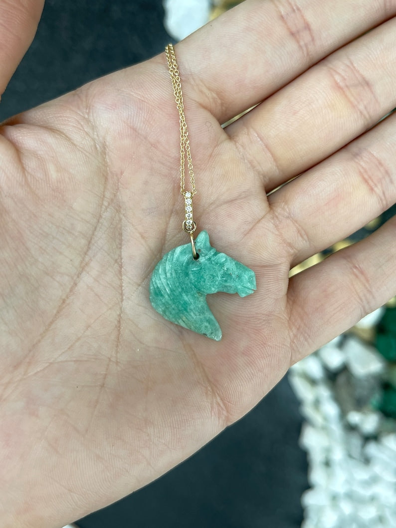 13.57ct 14K Gold Natural Emerald Rough Hand Carved Horse Side Profile Necklace