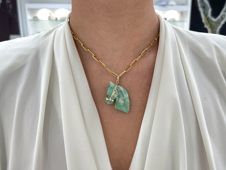 55.84ct 14K Hand Craved Emerald Rough Horse Side Profile With Gold Bridle Pendant - JR Colombian Emeralds