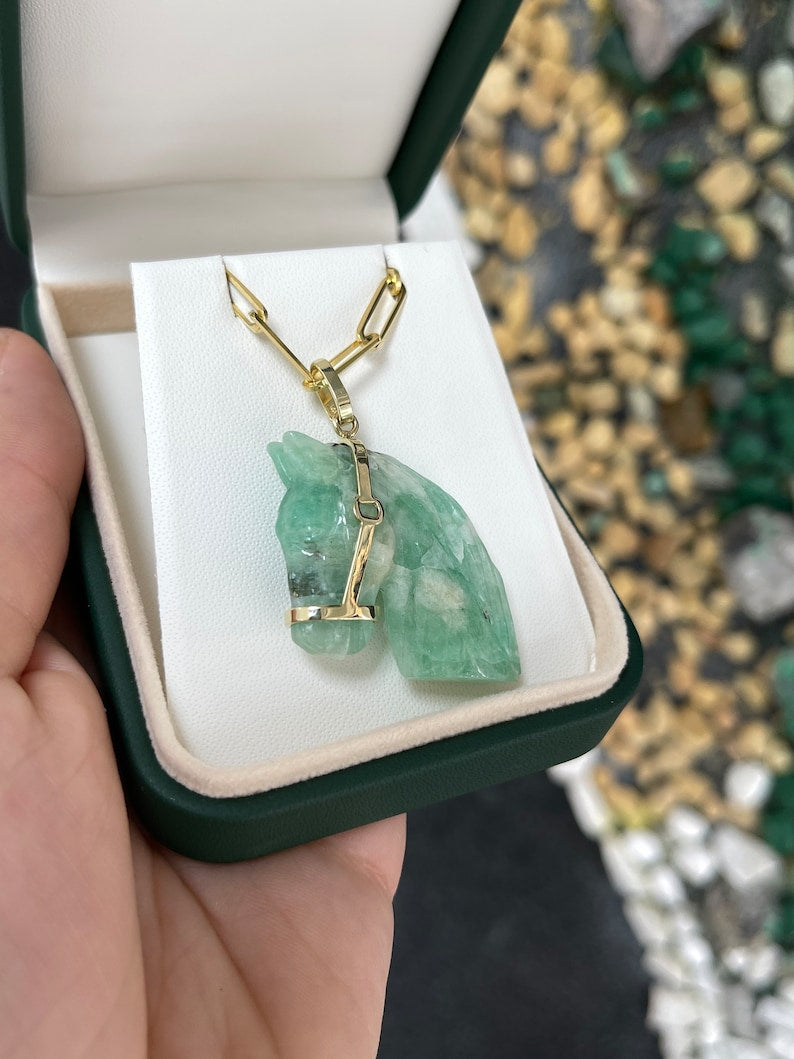 55.84ct 14K Hand Craved Emerald Rough Horse Side Profile With Gold Bridle Pendant - JR Colombian Emeralds