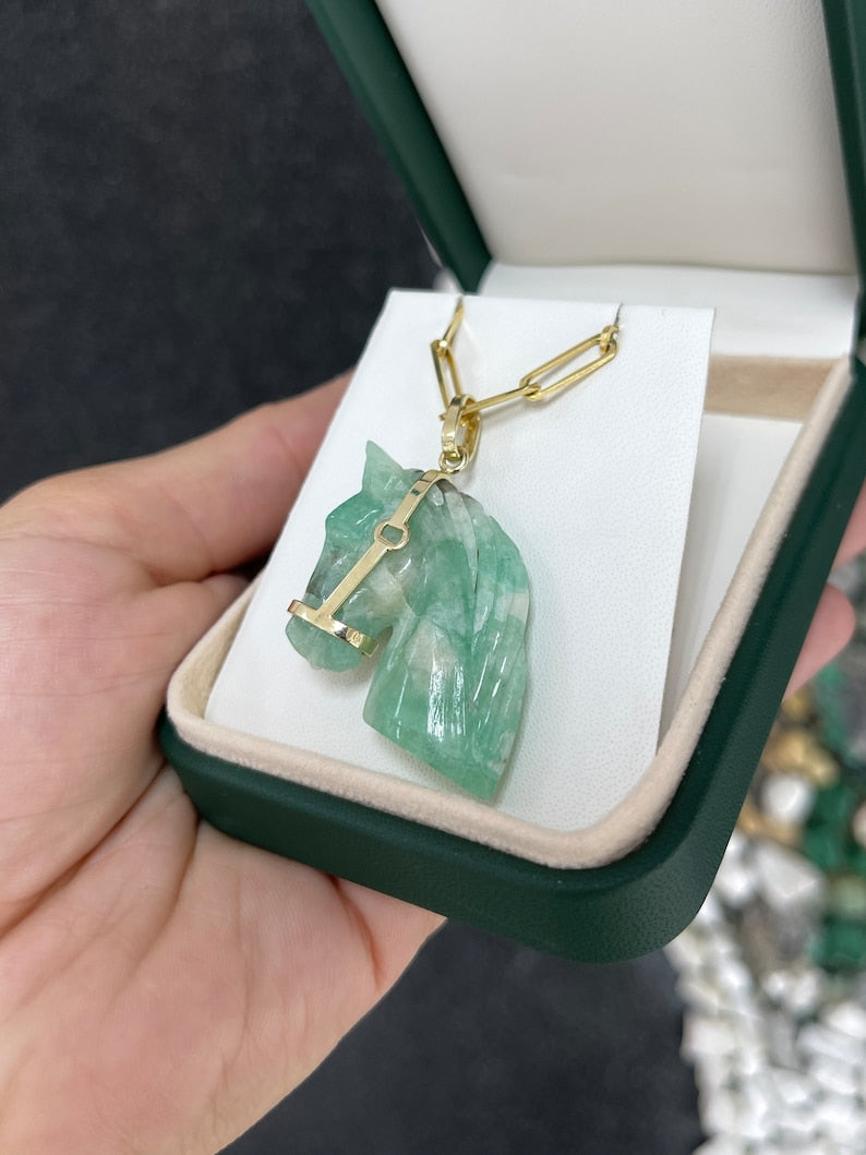 55.84ct 14K Hand Craved Emerald Rough Horse Side Profile With Gold Bridle Pendant - JR Colombian Emeralds