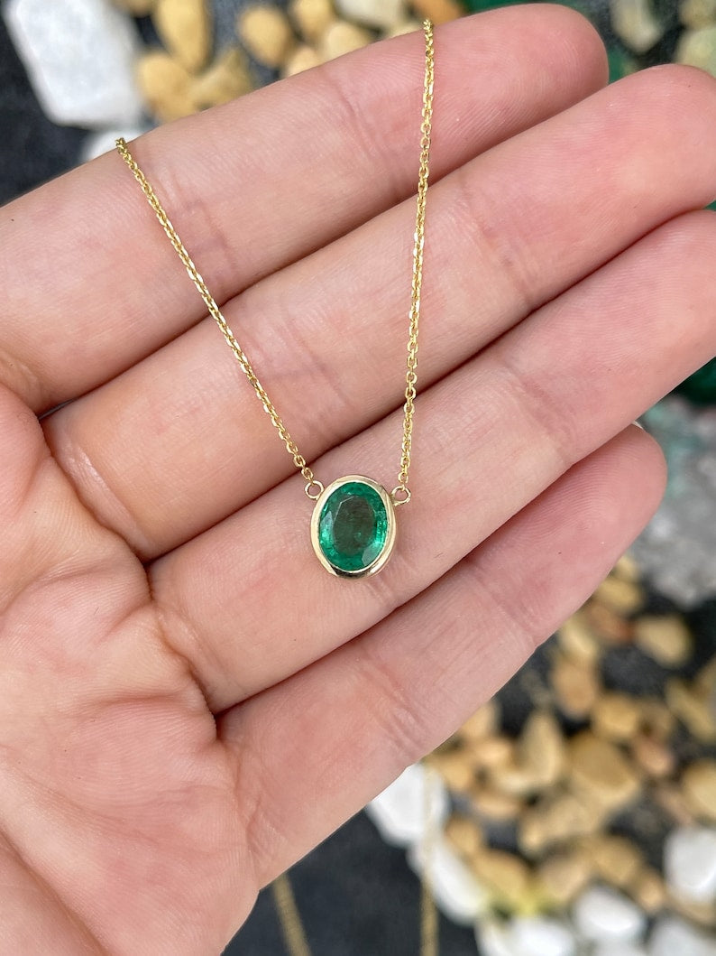 1.80ct 14K Gold Vertically Set Oval Cut Vivid Medium Green Emerald Stationary Pendant Necklace - JR Colombian Emeralds