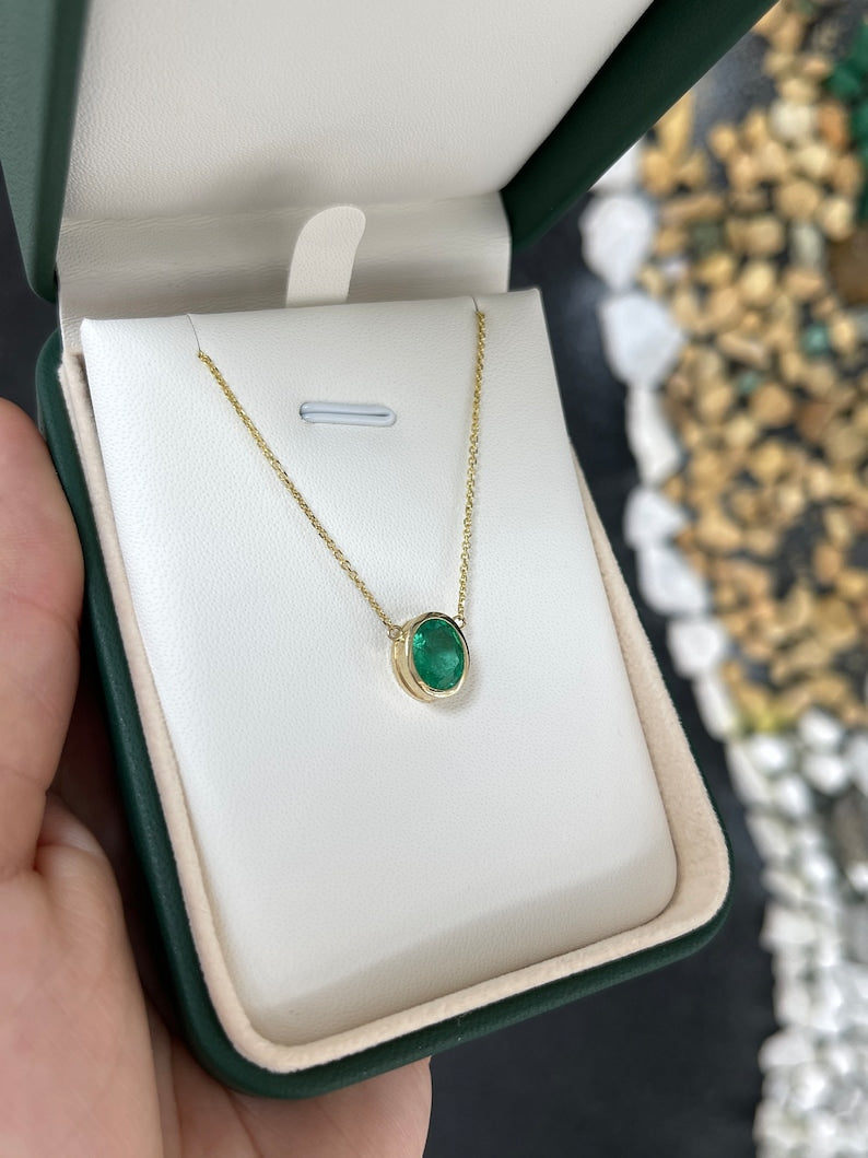 1.80ct 14K Gold Vertically Set Oval Cut Vivid Medium Green Emerald Stationary Pendant Necklace - JR Colombian Emeralds