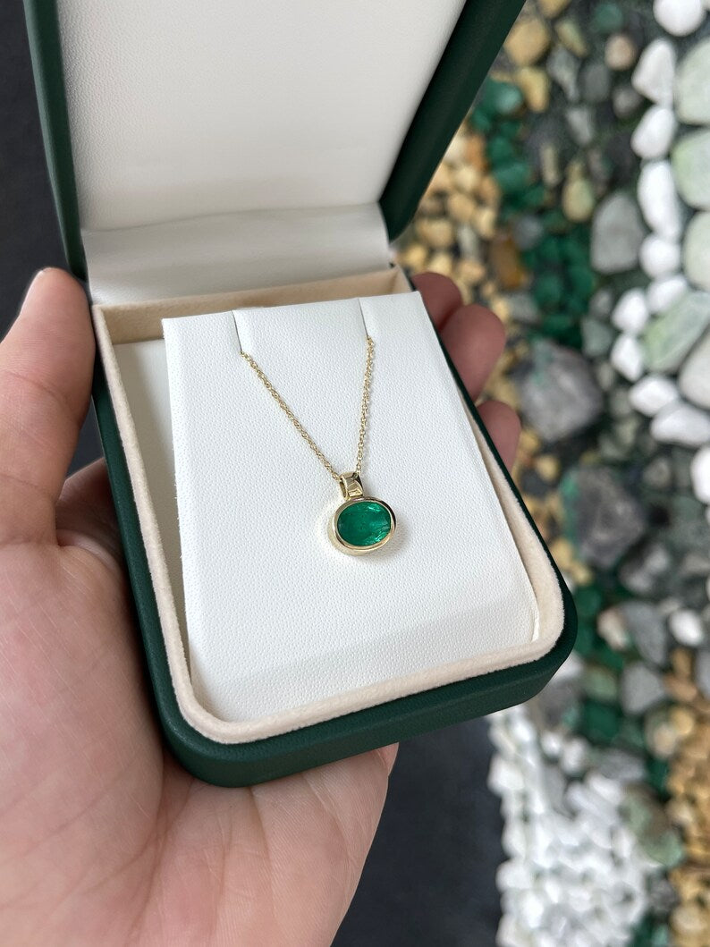 1.14 Carat 14K Gold Rich Dark Green Oval Cut Solitaire Pendant Necklace - JR Colombian Emeralds