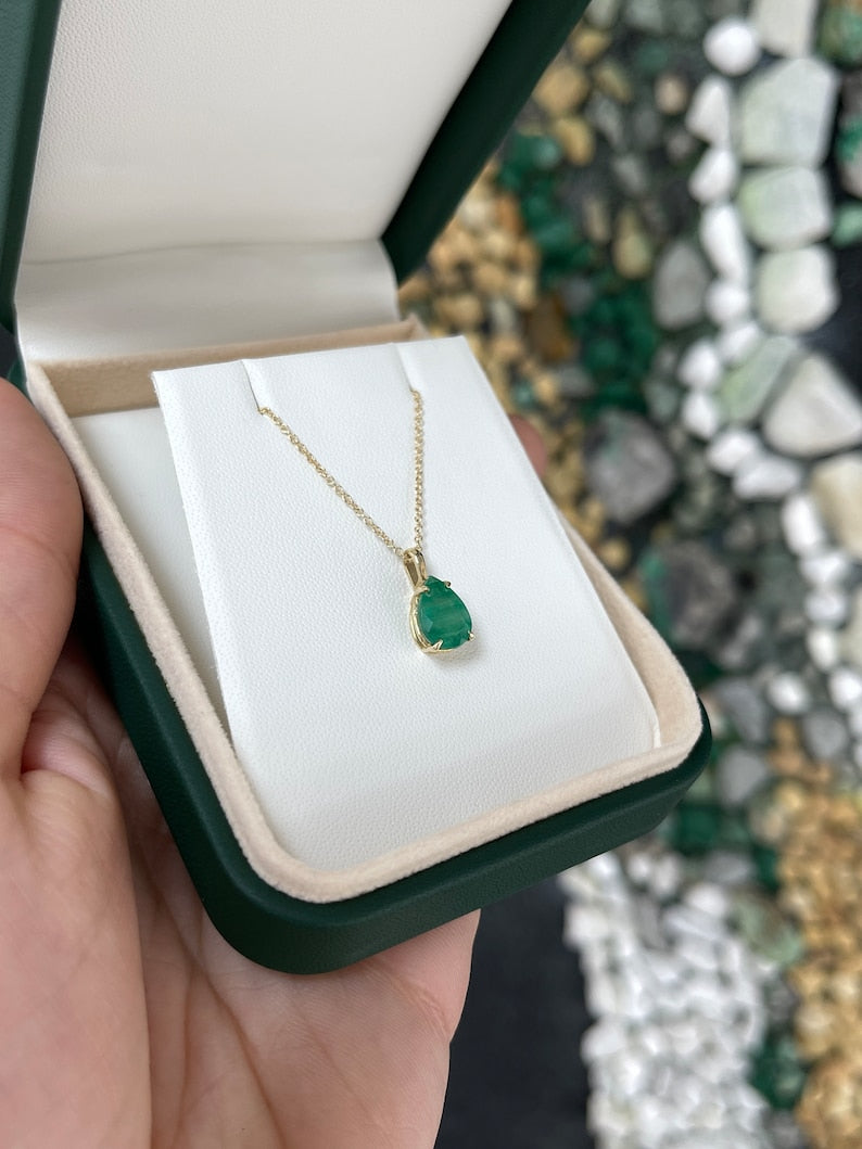 2.0ct Medium Dark Green Natural Pear Cut Emerald Solitaire Pendant 14K - JR Colombian Emeralds