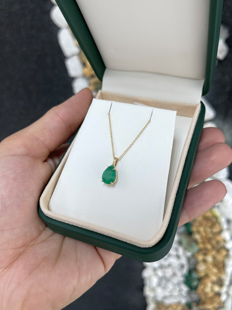 2.0ct Medium Dark Green Natural Pear Cut Emerald Solitaire Pendant 14K - JR Colombian Emeralds