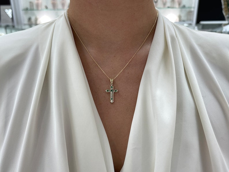 0.30tcw 14K Gold Rich Green Squared Emerald Princess Cut 2 Toned Religious Cross Necklaces