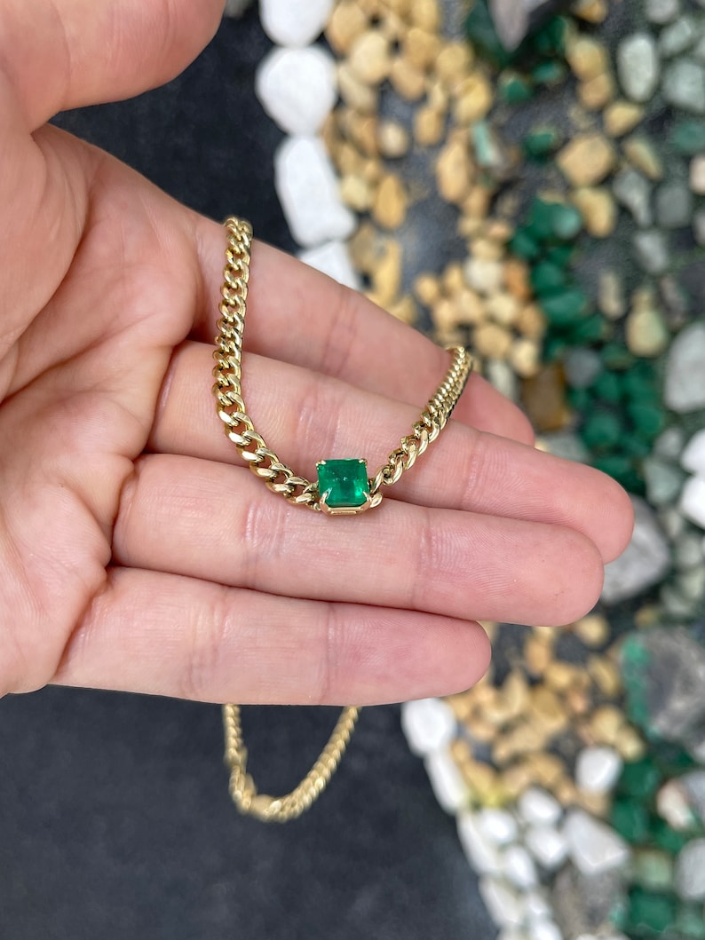 1.84ct 14K Gold Asscher Cut Cuban Link Curb Chain Emerald Chocker Necklace