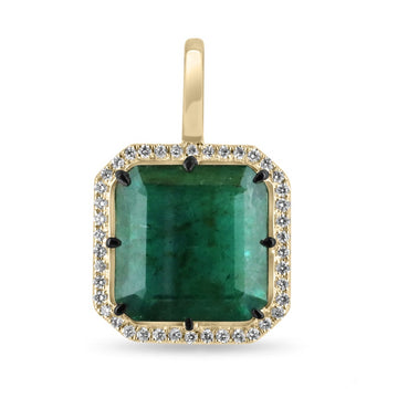 14K Emerald & Diamond Halo Necklace in Dark Forest Green