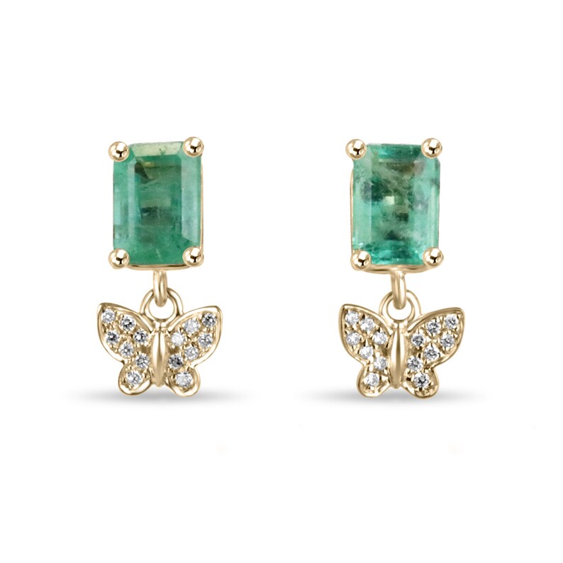 2.40tcw 14K Gold Natural Emerald & Diamond Butterfly Dangle Earrings