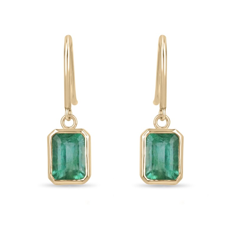 2.20tcw 14K Gold Classic Emerald Cut Ear Wire Back Dangle Pair Earrings