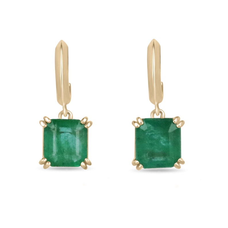 2.80tcw 14K Gold Natural Emerald Asscher Cut 10mm Knife-Edge Huggie Dangle Double Claw Prong Earrings