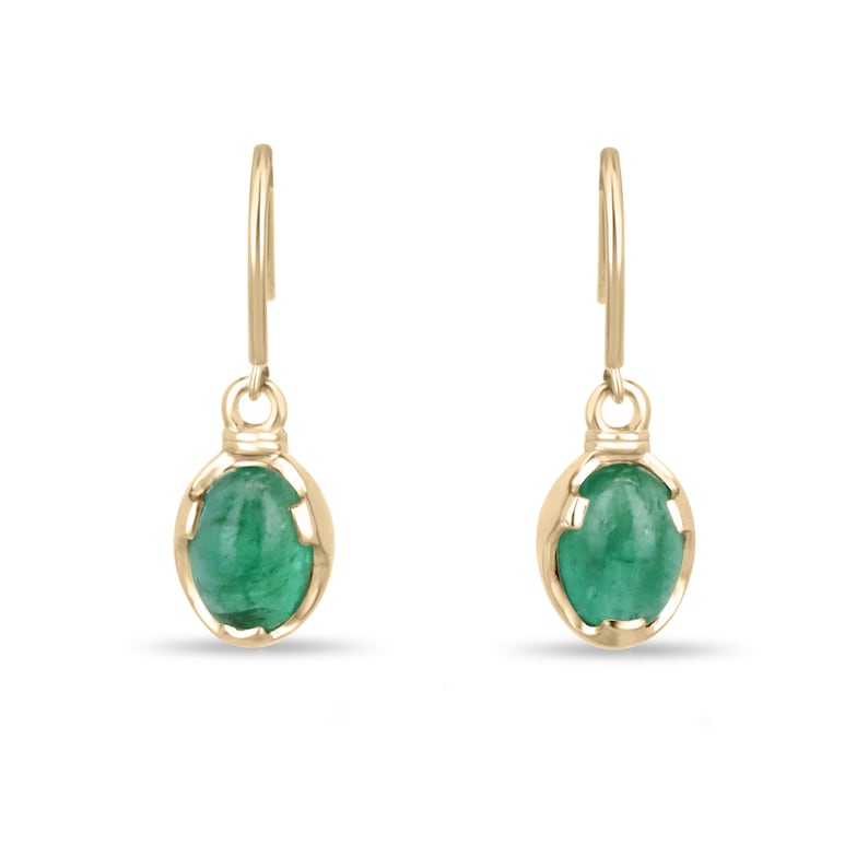 3.60tcw 14K Gold Natural Oval Cabochon Cut Emerald Solitaire Ear Wire Dangle Earrings