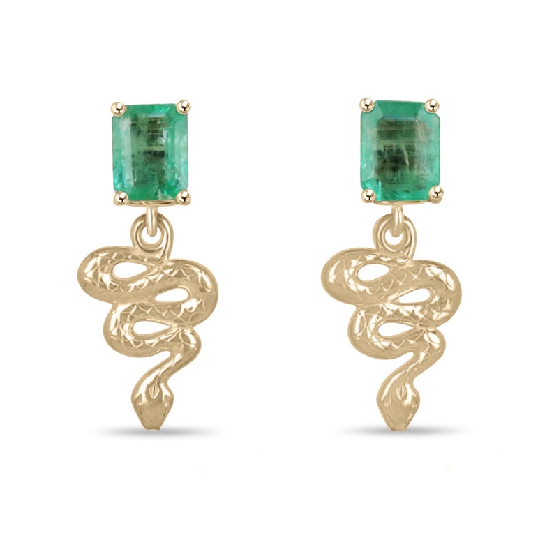 2.10tcw 14K Natural Emerald & Gold Snake Dangle Stud Earrings