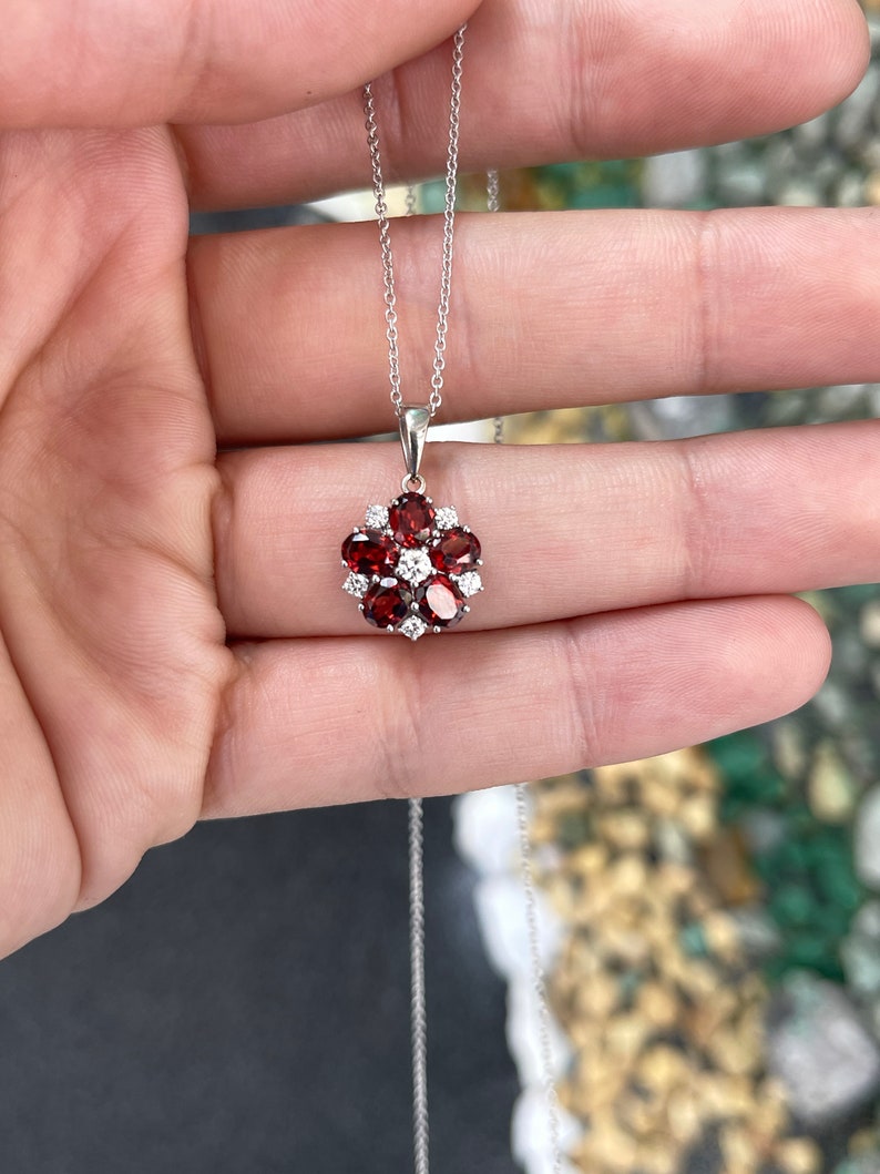 Gorgeous Flower-Shaped Pendant in 14K White Gold with Dark Orangy-Red Garnet and Shimmering Round Cut Diamond Highlights (1.17tcw)