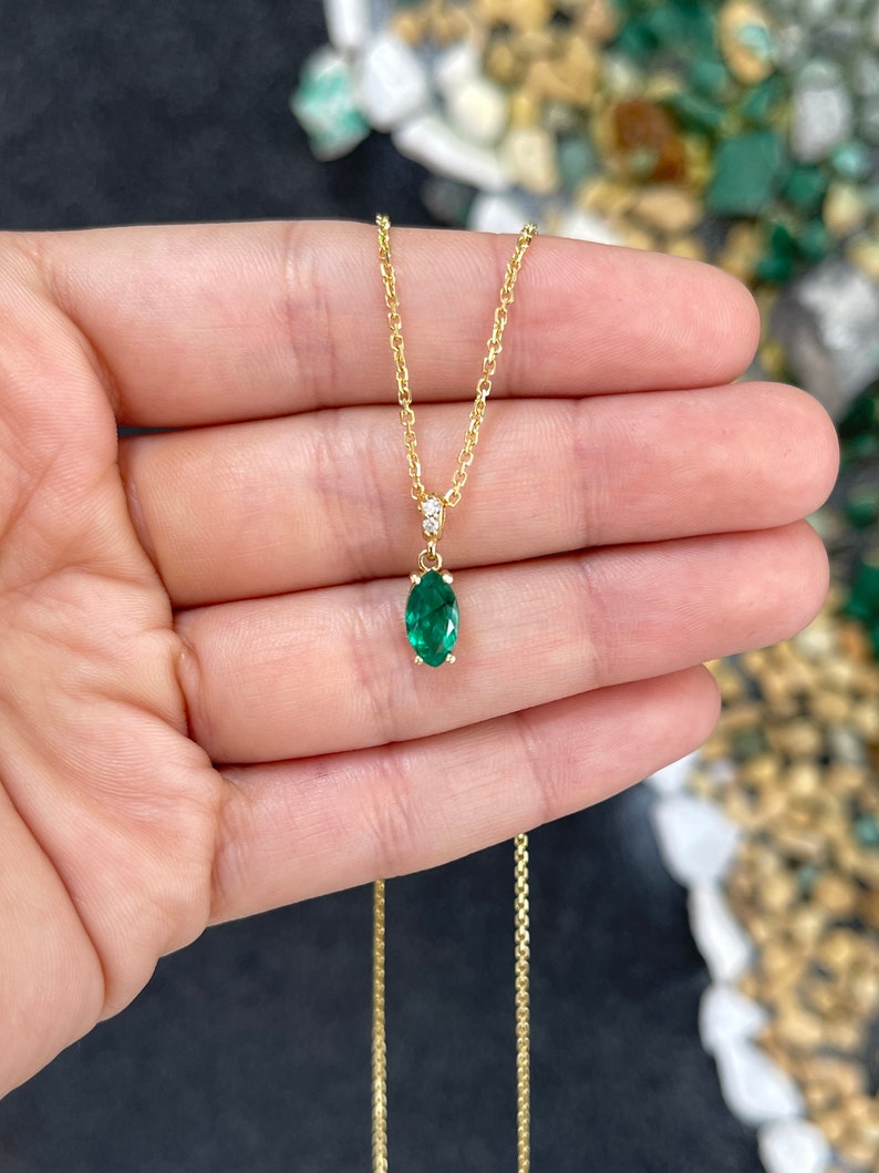 Natural Emerald Marquise Solitaire + Diamond Necklace
