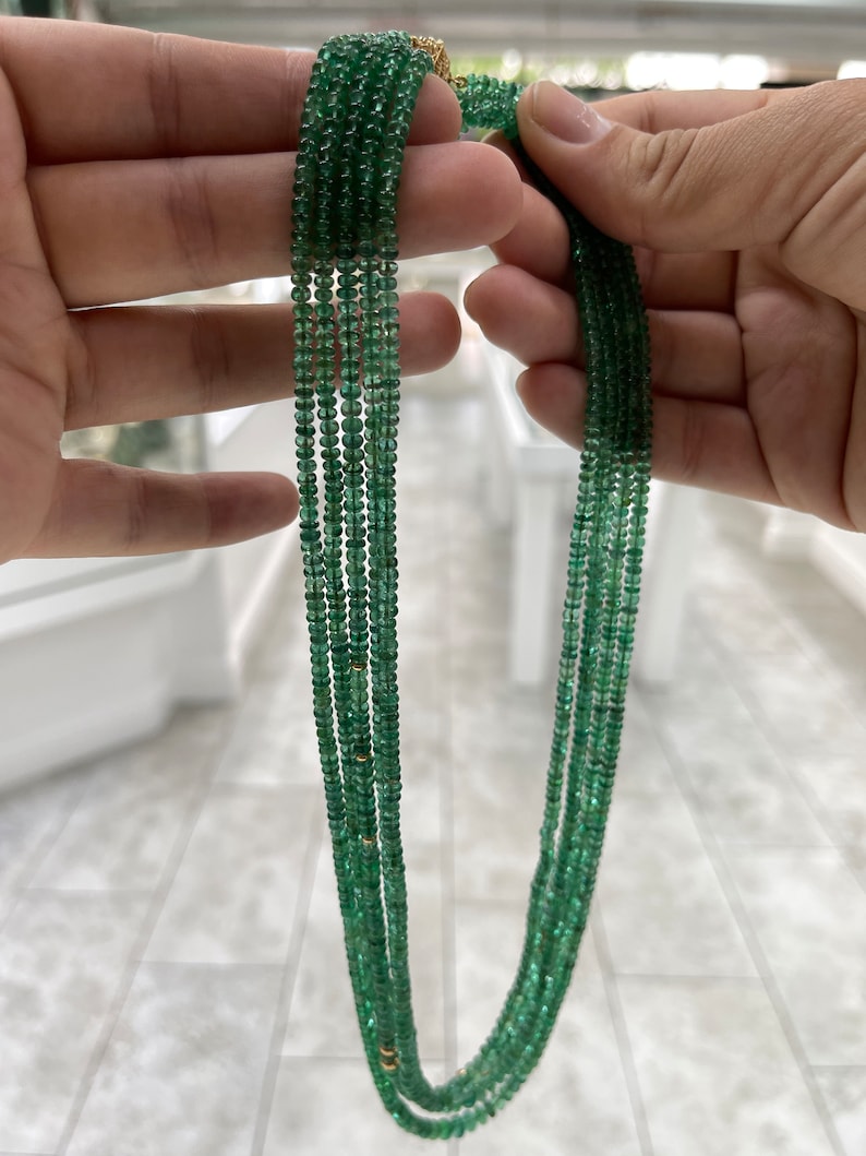 294+ Carat 14K Medium Green Round Emerald Rondelle Five Strand Bead Necklace - JR Colombian Emeralds