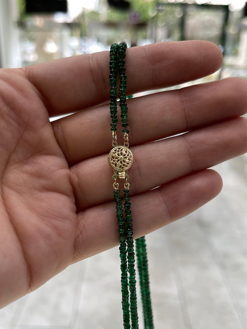118+ Carat 14K 22 inch Dark Green Rondelle Emerald Bead 2 Strand Necklace
