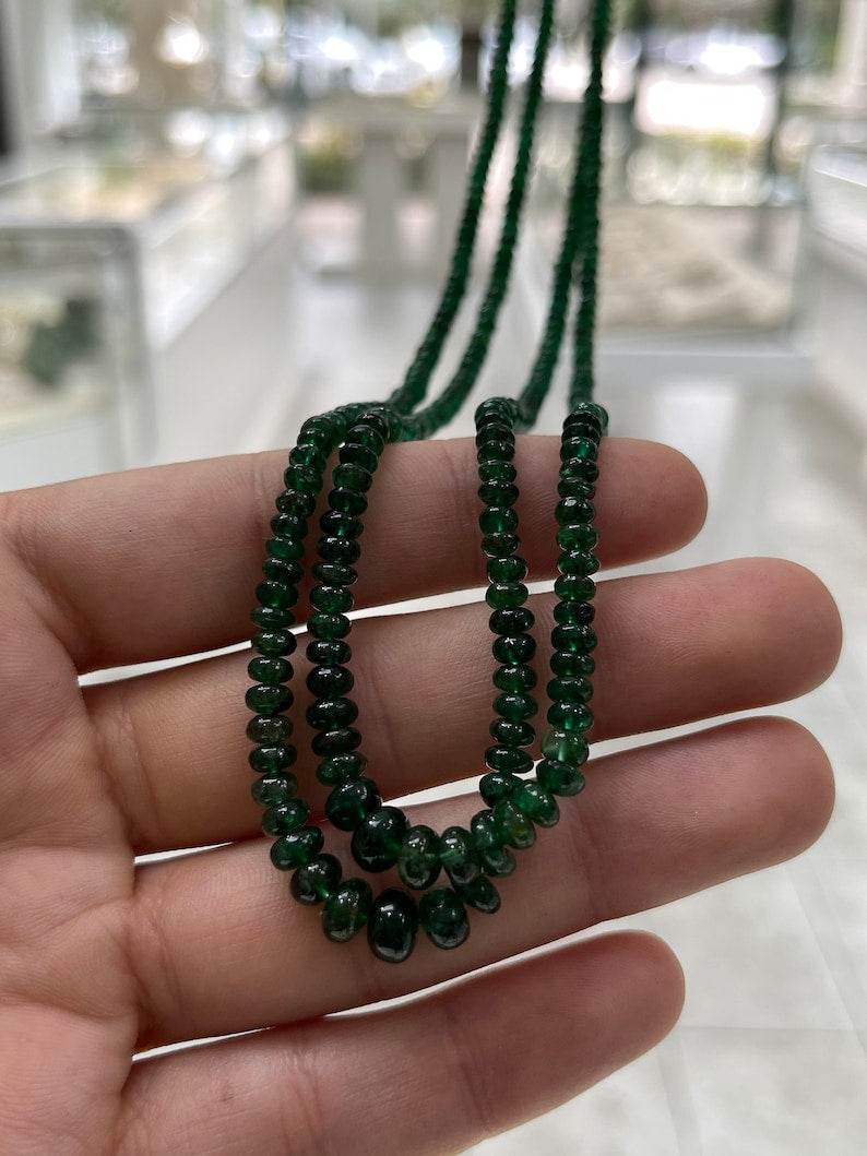 118+ Carat 14K 22 inch Dark Green Rondelle Emerald Bead 2 Strand Necklace