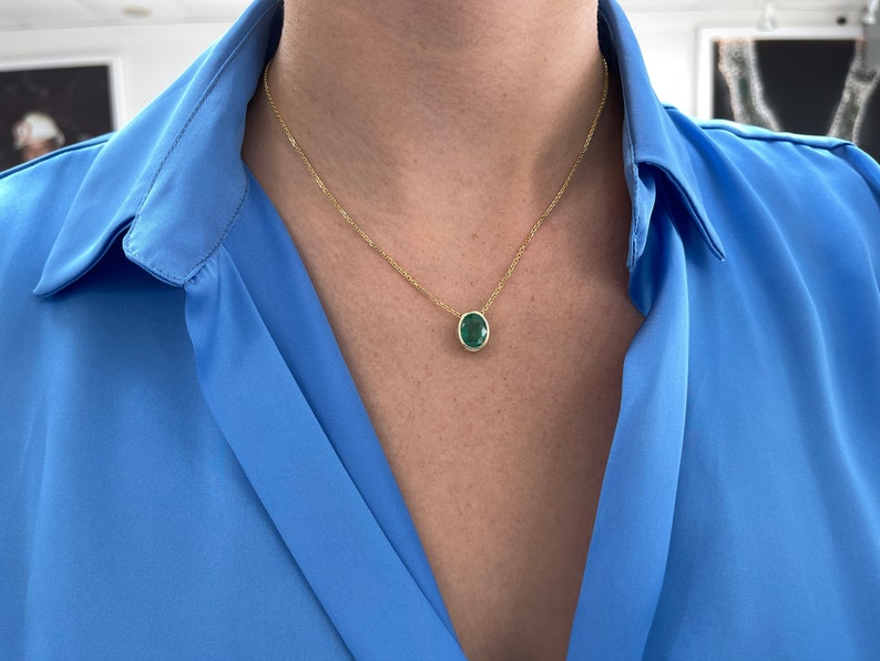3.60ct 14K E-W or N-S Natural Oval Multi-Functional Emerald Solitaire Bezel Slider Necklace