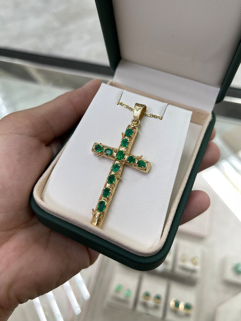 1.75tcw 18K Pre-Colombian Styled Emerald Gold 750 Religiou Cross Necklaces - JR Colombian Emeralds