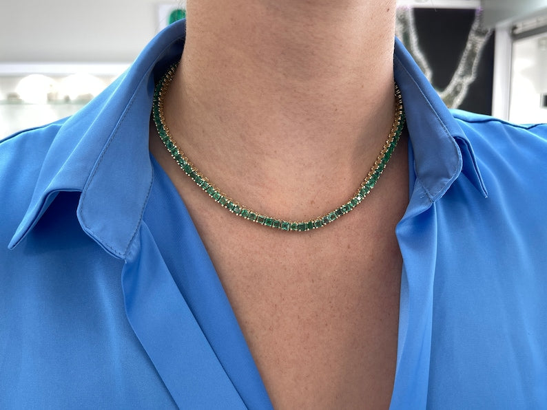 17-Inch Tennis Necklace with 20 TCW Princess Cut Emeralds in 14K Gold Setting
