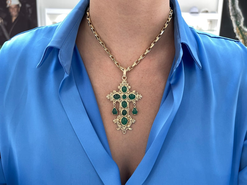 22.19tcw 14K Atocha Replica Natural Nuestra Señora De Emerald Cabochon Gold Cross Pendant - JR Colombian Emeralds