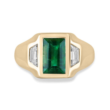 Emerald Unisex & Cadillac Diamond Three Stone Men's Gold Ring