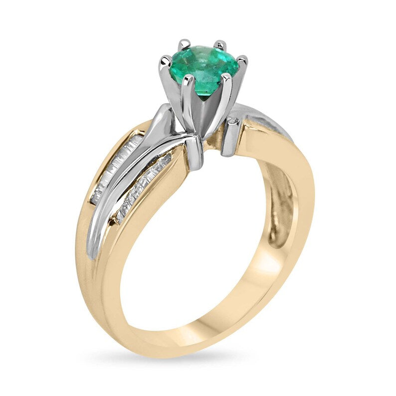 Radiant 14K Gold Ring with 0.85tcw Vivid Green Round Cut Emerald & Tapered Baguette Diamonds - Timeless Charm