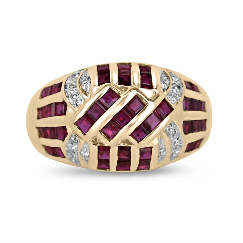 18K Gold Ring with 0.95 Total Carat Weight Ruby and Diamond Cluster - Wide Bombe Band