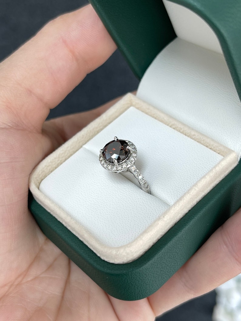 2.47 Carat 14K AIG Certified Engagement Ring with Natural Dark Brown Diamond and Stunning Diamond Halo