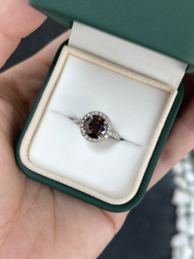 AIG Certified 14K Engagement Ring Featuring Natural Fancy Dark Brown Diamond and 2.47 Total Carat Weight Diamond Halo