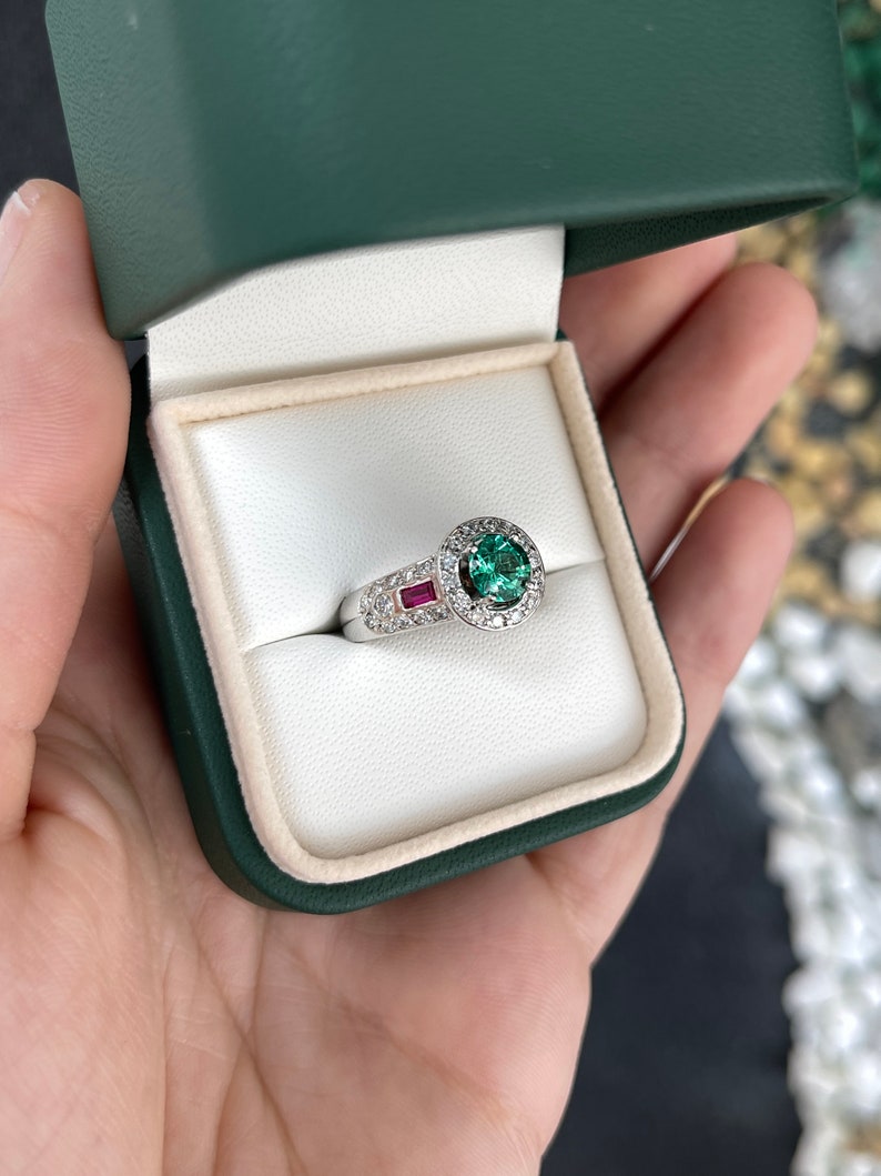 1.34tcw 14K White Gold Natural Round Cut Emerald Ruby & Diamond Cluster Statement Ring
