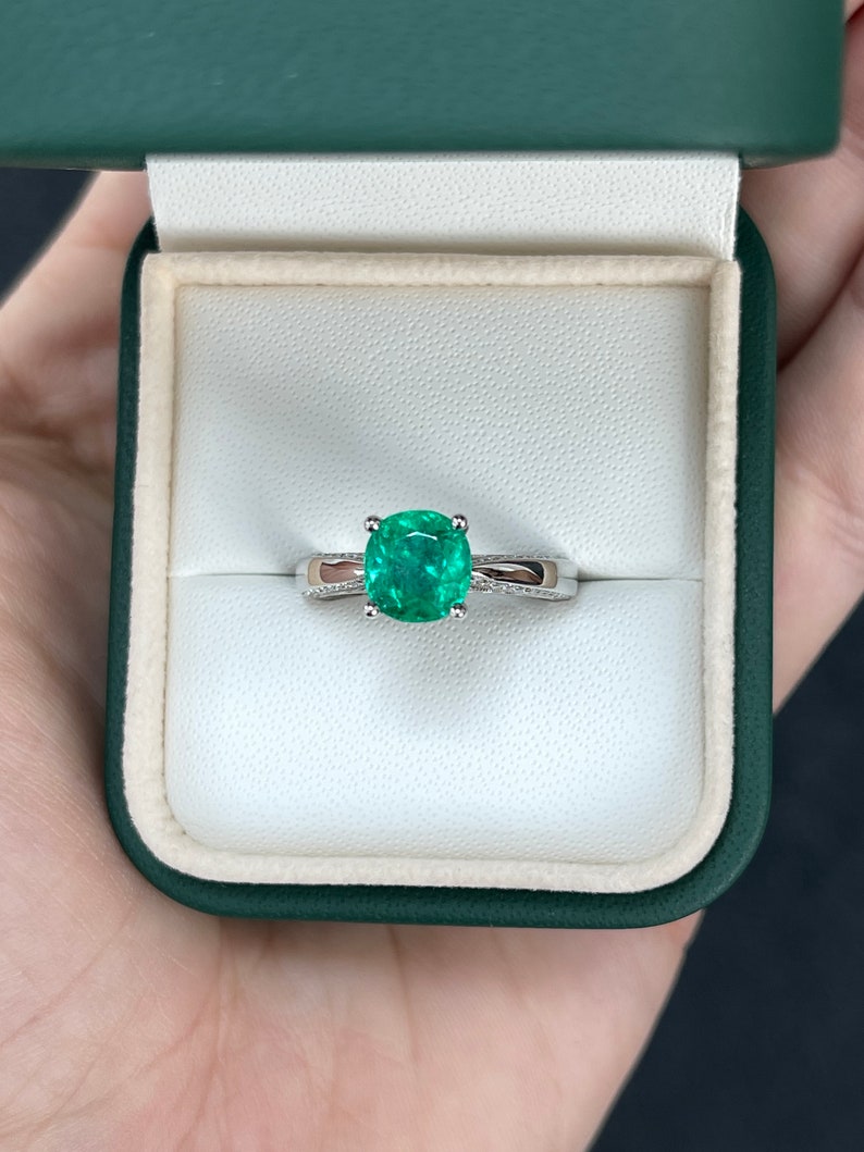 2.44tcw 18K White Gold AAA Cushion Cut Emerald & Diamond Accent Engagement Ring - JR Colombian Emeralds