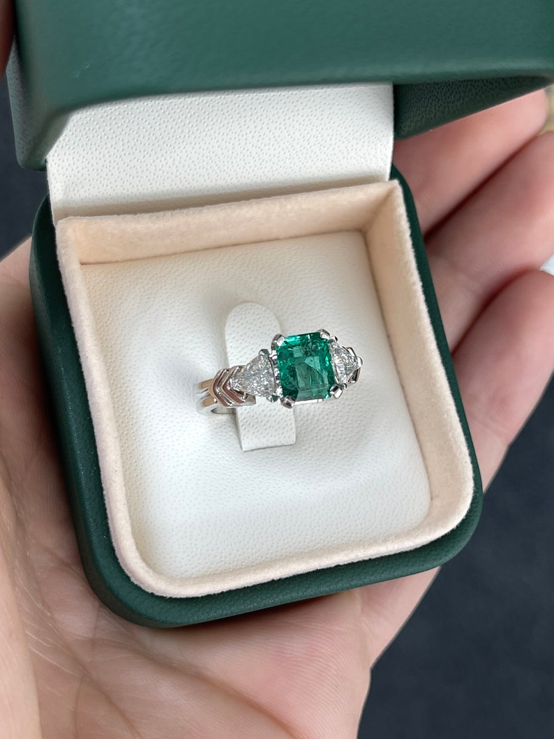 2.37tcw Wide Shank Plat Natural Emerald & Diamond Three Stone Engagement Ring