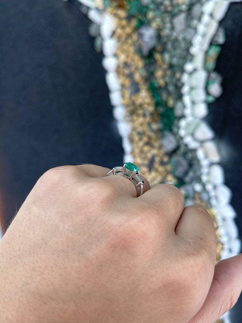 2.18tcw Plat Vivid Medium Green Emerald Round Cut & Tapered Baguette Diamond Accent Engagement Ring - JR Colombian Emeralds