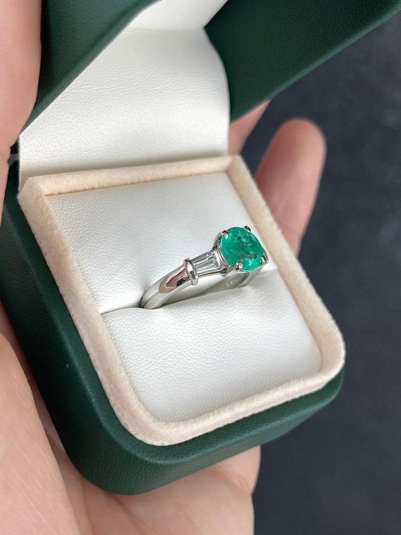 2.18tcw Plat Vivid Medium Green Emerald Round Cut & Tapered Baguette Diamond Accent Engagement Ring - JR Colombian Emeralds