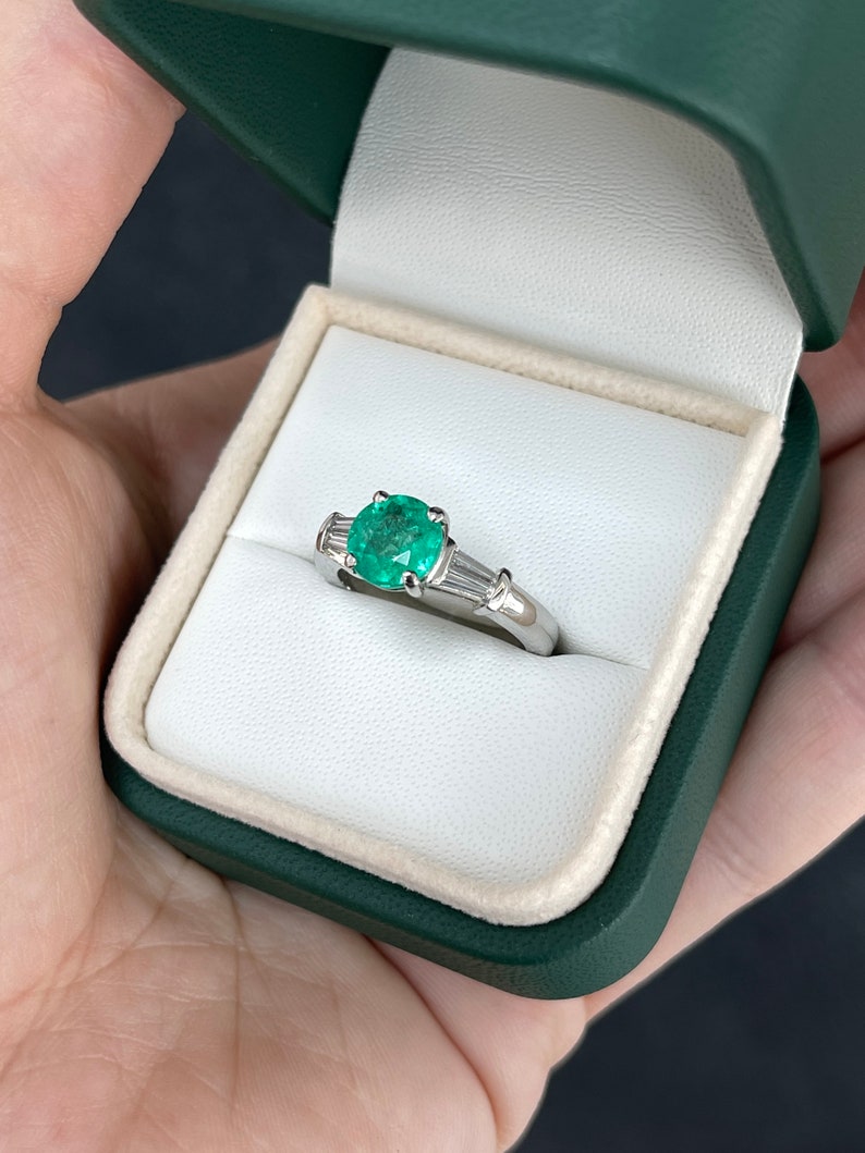 2.18tcw Plat Vivid Medium Green Emerald Round Cut & Tapered Baguette Diamond Accent Engagement Ring - JR Colombian Emeralds