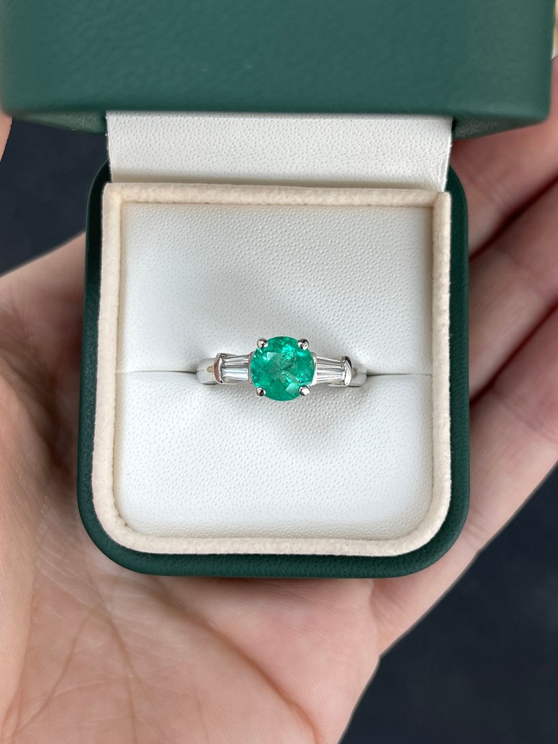 2.18tcw Plat Vivid Medium Green Emerald Round Cut & Tapered Baguette Diamond Accent Engagement Ring - JR Colombian Emeralds