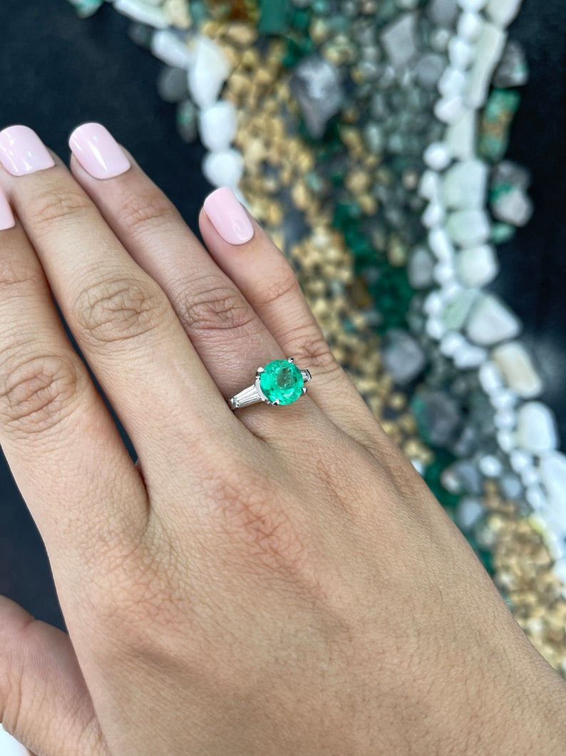 3.12tcw 14K Round Emerald & Tapered Baguette Diamond Three Stone White Gold Ring - JR Colombian Emeralds