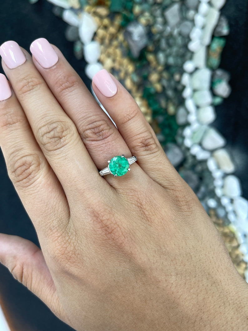 3.12tcw 14K Round Emerald & Tapered Baguette Diamond Three Stone White Gold Ring - JR Colombian Emeralds