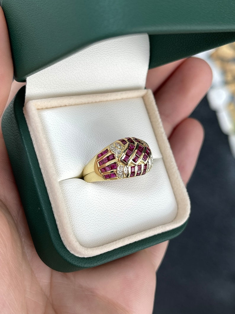 0.95tcw 18K Gold Ruby & Diamond Wide Bombe Band Cluster Ring