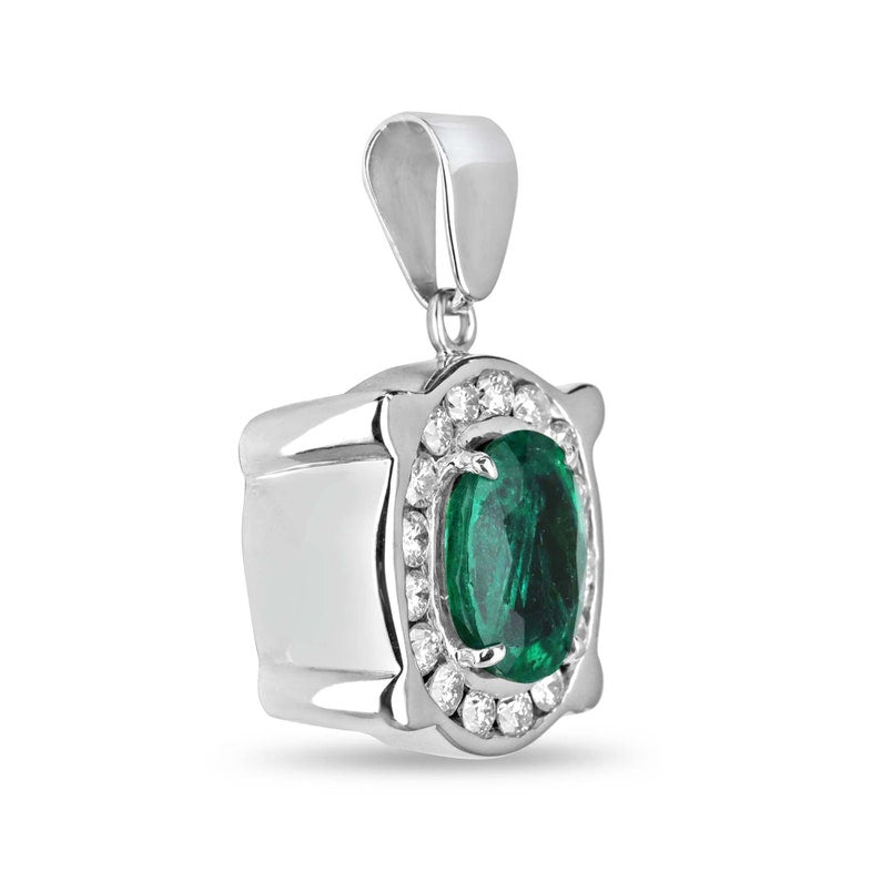 Lush Green Oval Emerald Pendant with Diamond Halo - 14K White Gold