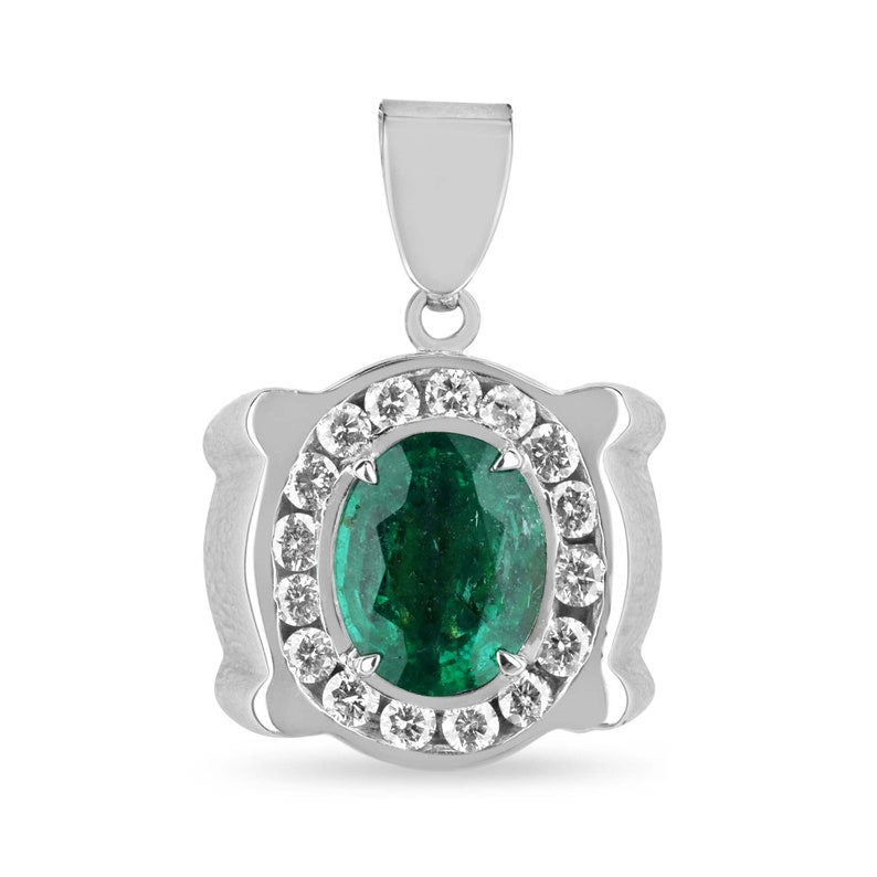 14K 585 White Gold Oval Emerald & Diamond Pendant - Luxurious Green Gemstone