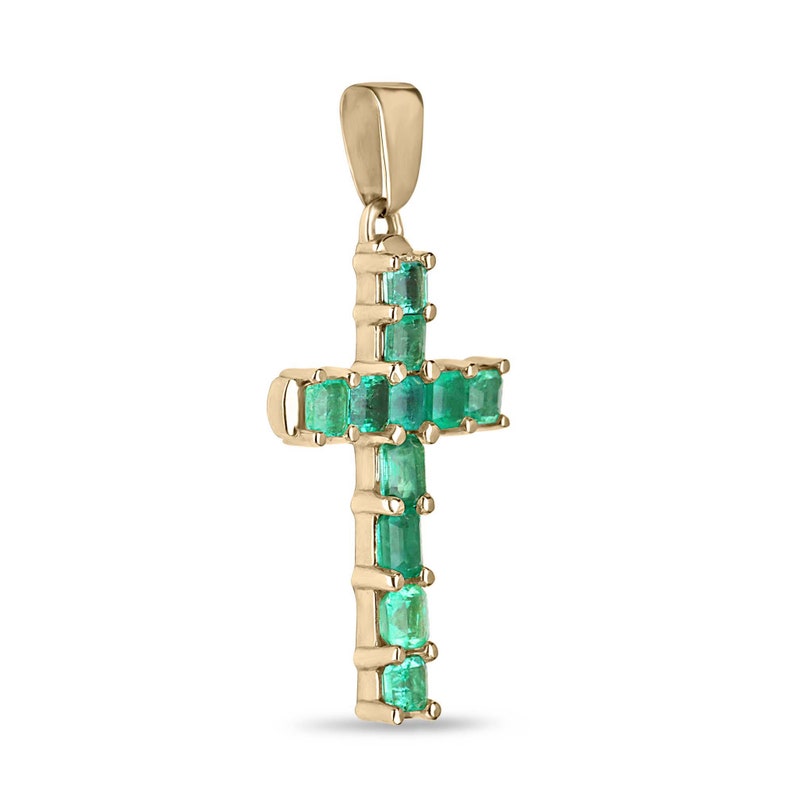 Unisex Cross Pendant in Gold with 11 Medium Dark Green Asscher Cut Emeralds Totaling 5.0 Carats