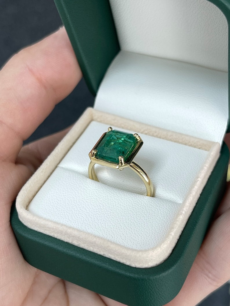 4.40ct 18K Emerald Cut Solitaire Four Prong Right Hand Gold Ring - JR Colombian Emeralds