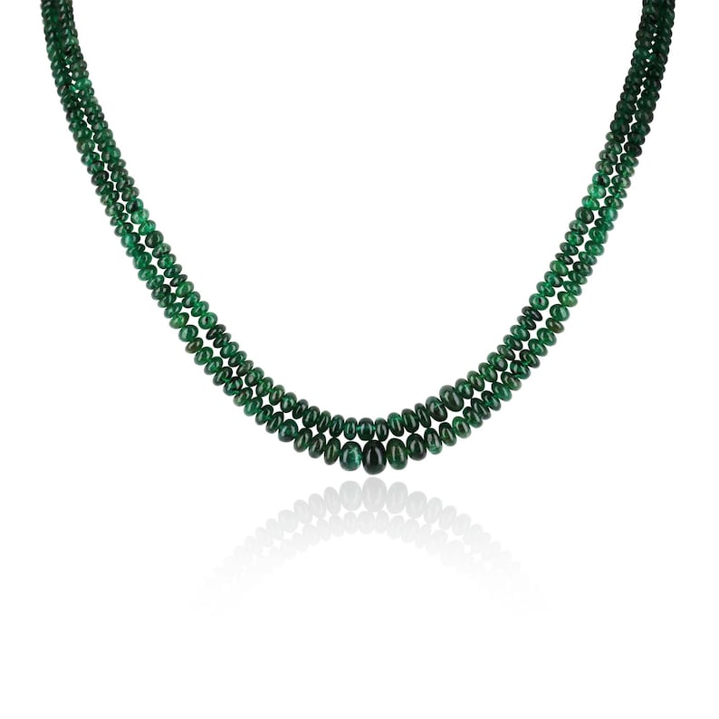 "Luxurious 22" Double Strand Necklace with 118+ Carat Dark Green Rondelle Emerald Beads in 14K Gold