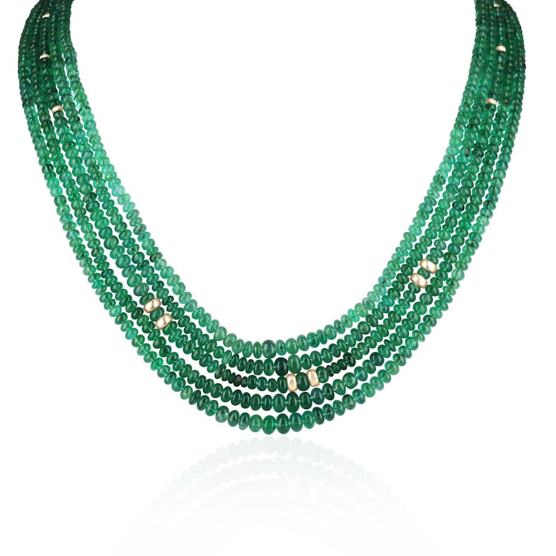 Striking 14K Gold Necklace with 294+ Carat Medium Green Round Emerald Beads in a Five-Strand Rondelle Design